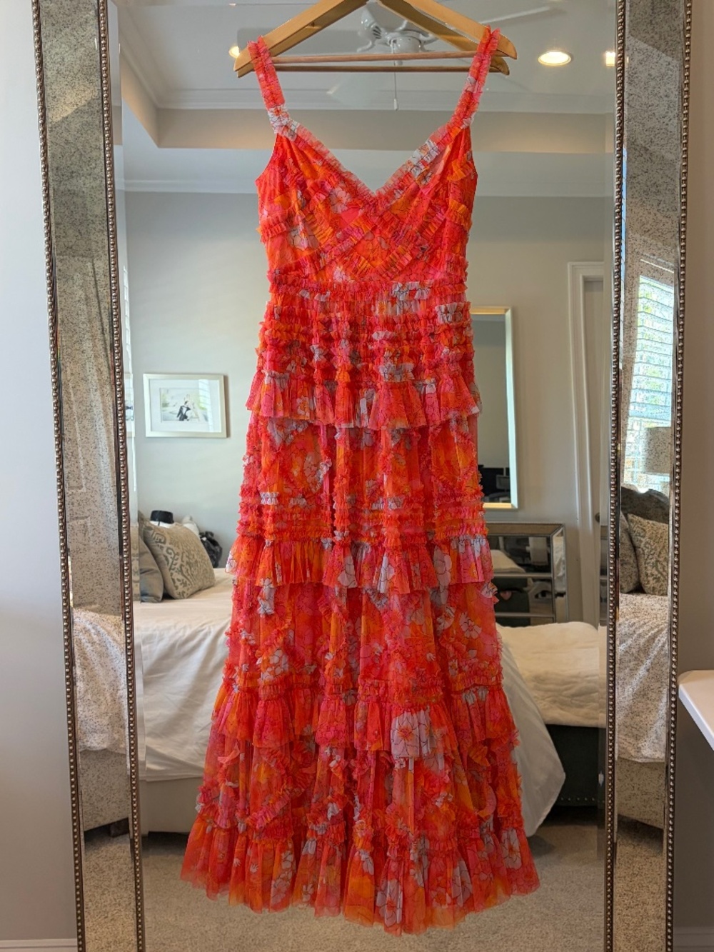 Mac Duggal Sleeveless Floral Ruffle A-Line Maxi Dress Orange